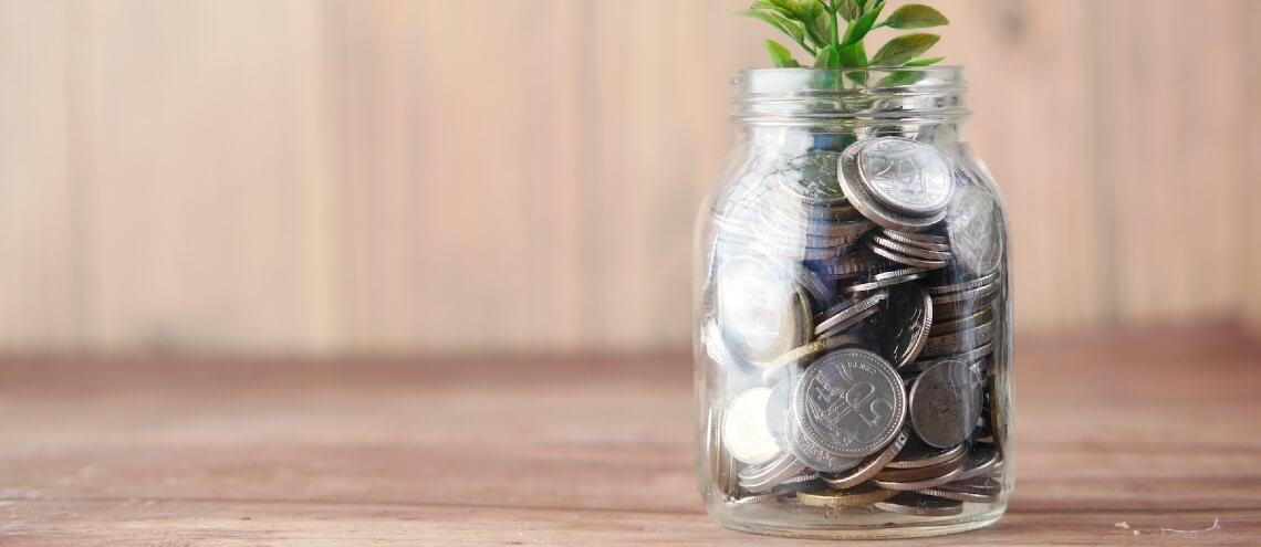 A jar of coins with a plant growing out of it, which symbolizes growing wealth. 