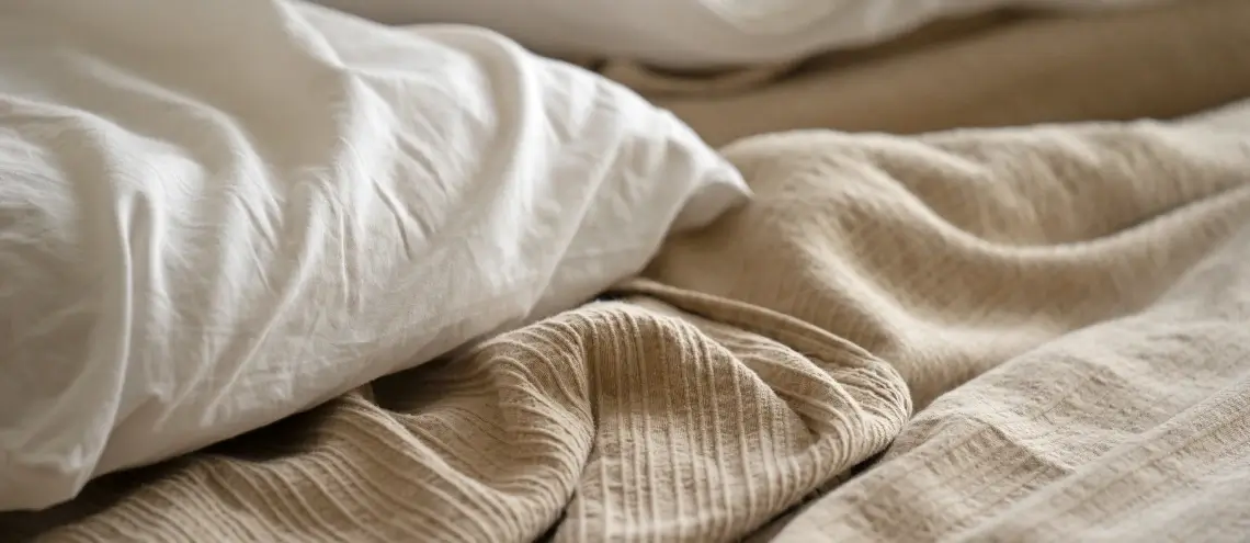 A close-up of a bedsheet, pillows, and a blanket